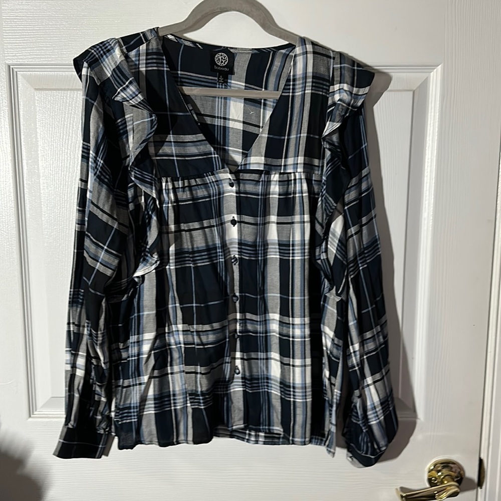 Bobeau - Plaid Ruffle Top  - Size L